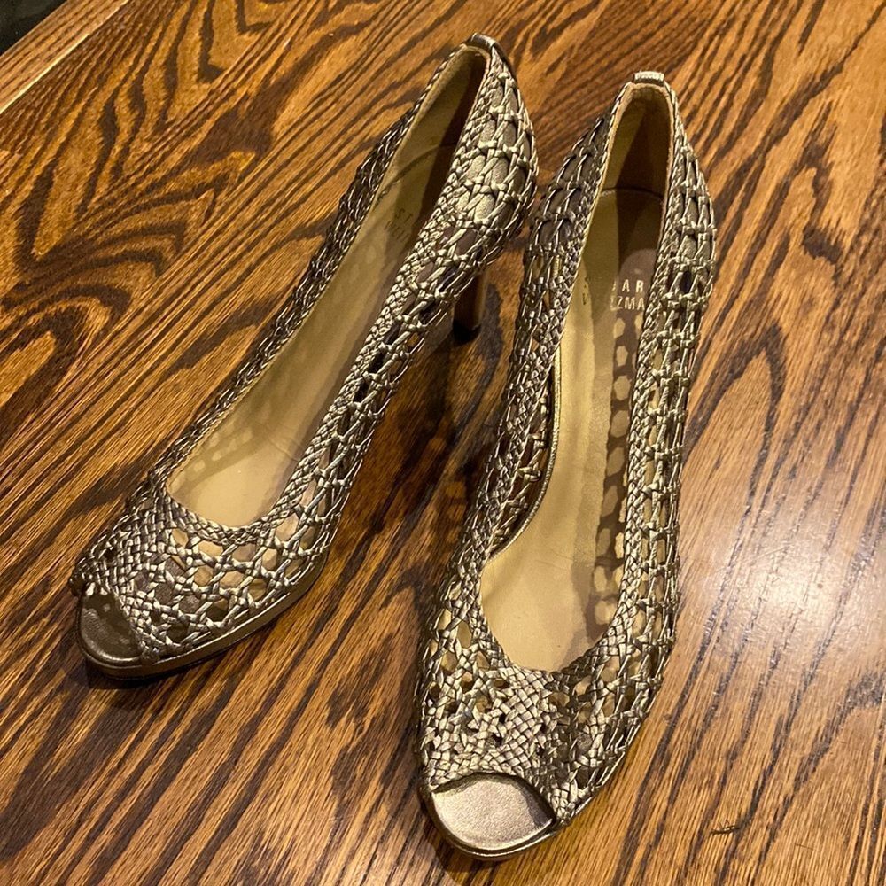 Stuart Weitzman Passive Gold Leather Heel Open Toe Women's Shoes Size 7.5
